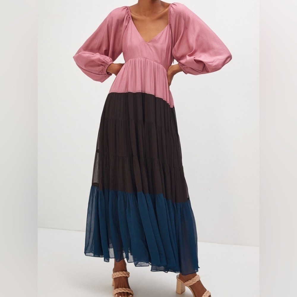 Anthropologie Nirmooha Puff-Sleeved Color block Maxi Dress